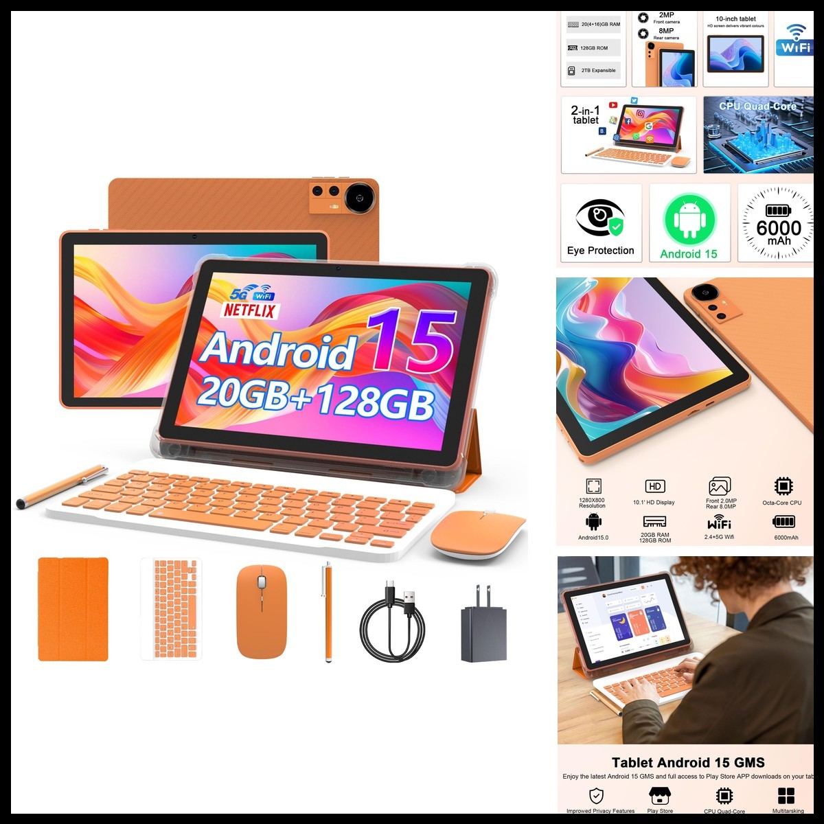 CUPEISI Android 16 Tablet 10" 20GB RAM 128GB ROM 2TB Expandable Orange