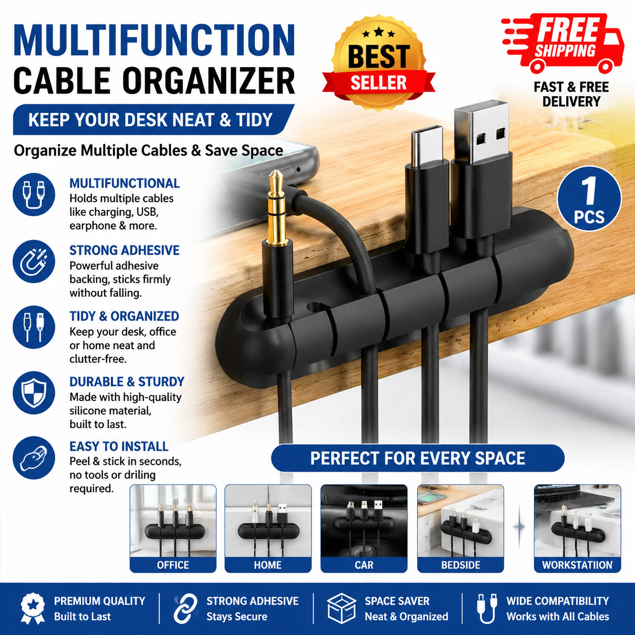 Universal Desktop Data Cable Fixing Clip, Black - Organizer for Cords and Wires