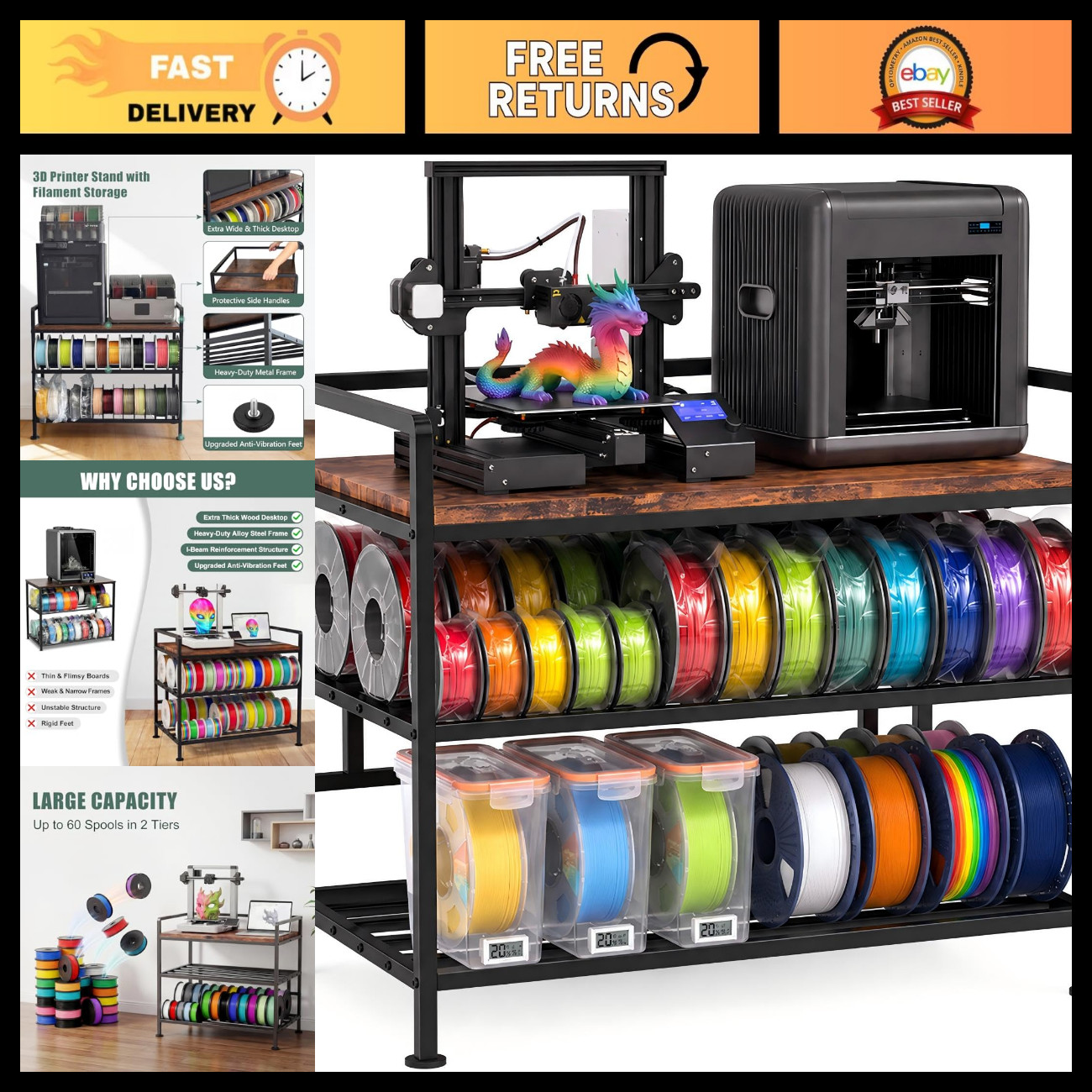 3D Printer Stand with Filament Storage & Vibration Dampening - 31x21 Inches