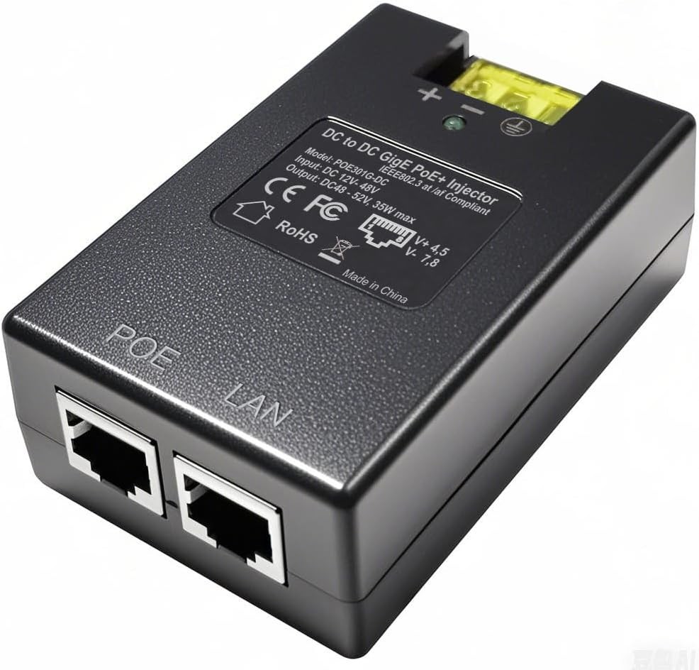 Gigabit DC PoE+ Injector | 12V 24V 12-48V DC Input | 50V 30W DC PoE+ Out | DC...