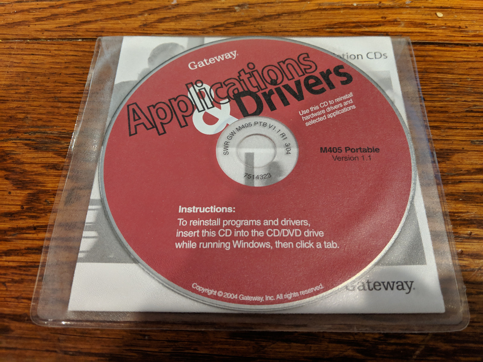 Gateway Applications and Drivers computer REINSTALL CD M405 Portable V. 1.1 