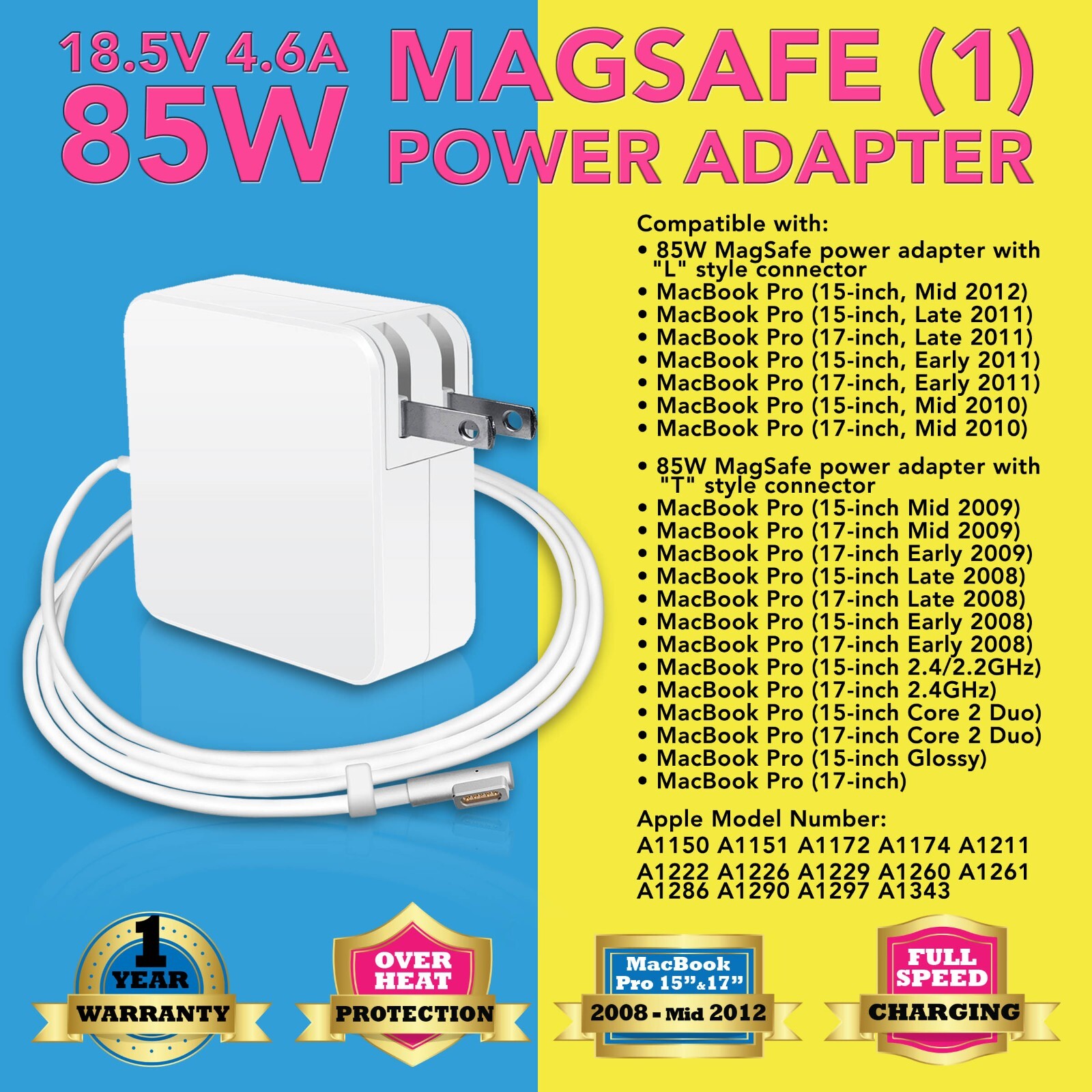 85W New MagSafe Power Adapter Charger for Apple MacBook and MacBook Pro
