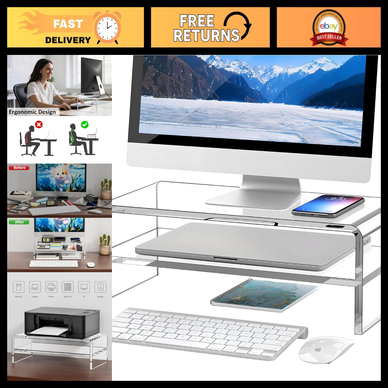 Clear Acrylic Monitor Stand Riser 2 Tier, 5.12" High Desk Organizer for PC & Lap