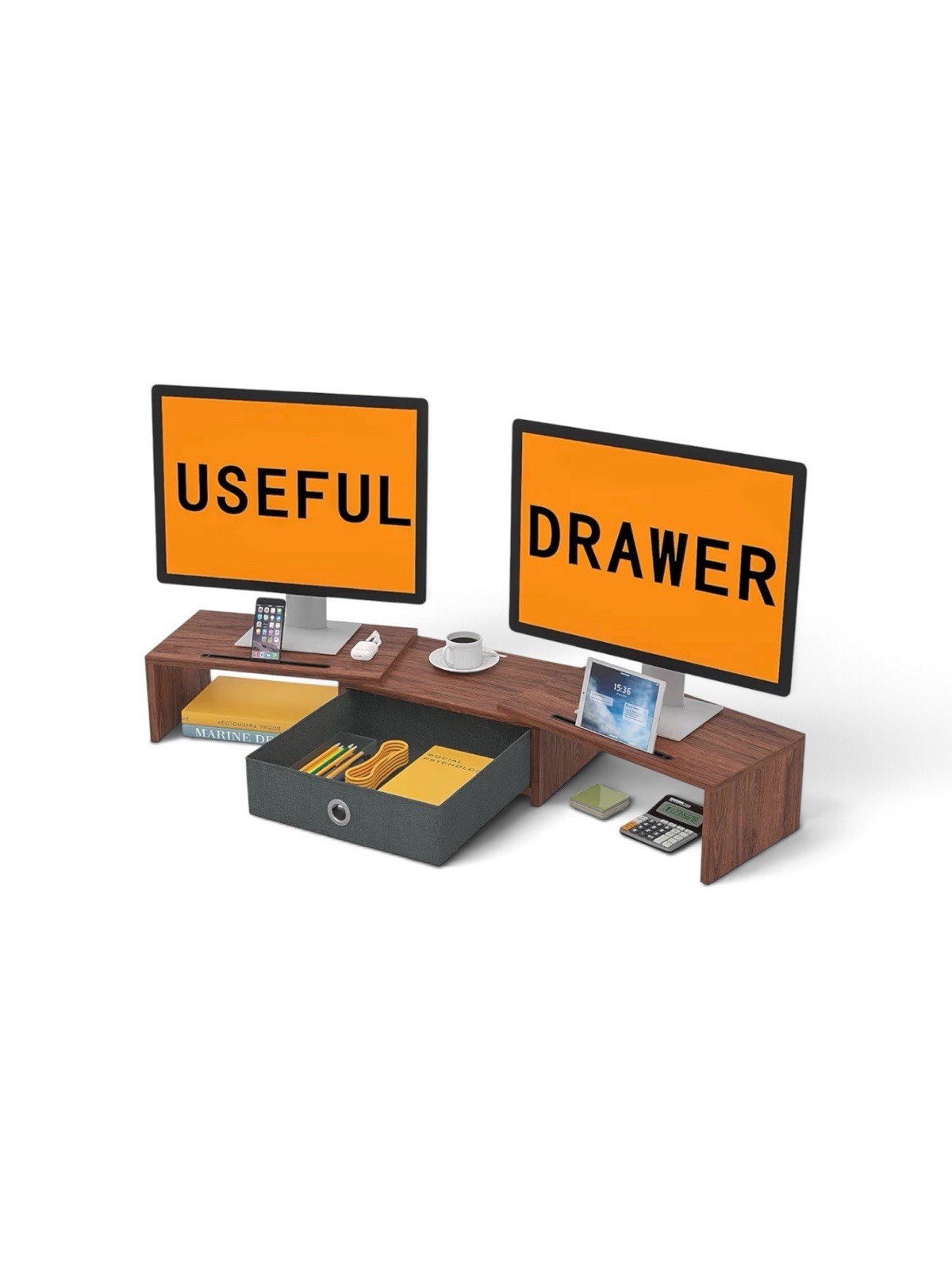 Dual Monitor Stand Riser with Drawer - Adjustable Length and Angle, 2 Phone Hold