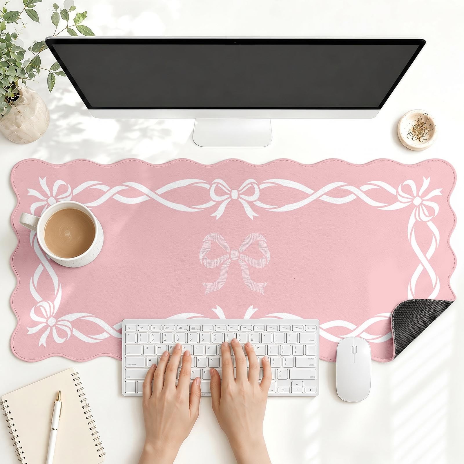 Pink Scalloped Bow Coquette Desk Mat Large Keyboard Mouse Pad 35.4x15.7 Inch