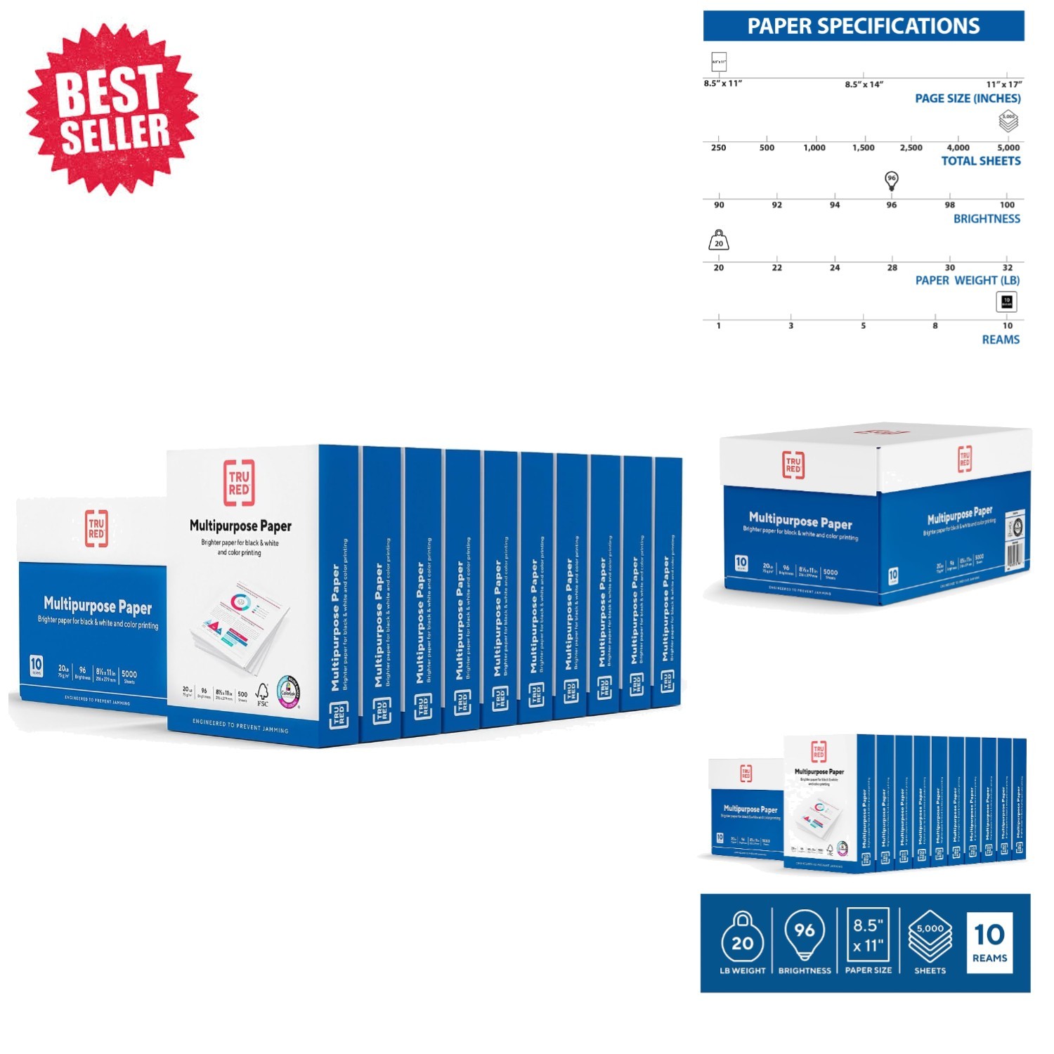 TRU RED  Multipurpose Printer Paper - 8.5x11, 5000 Sheets, 96 Brightness