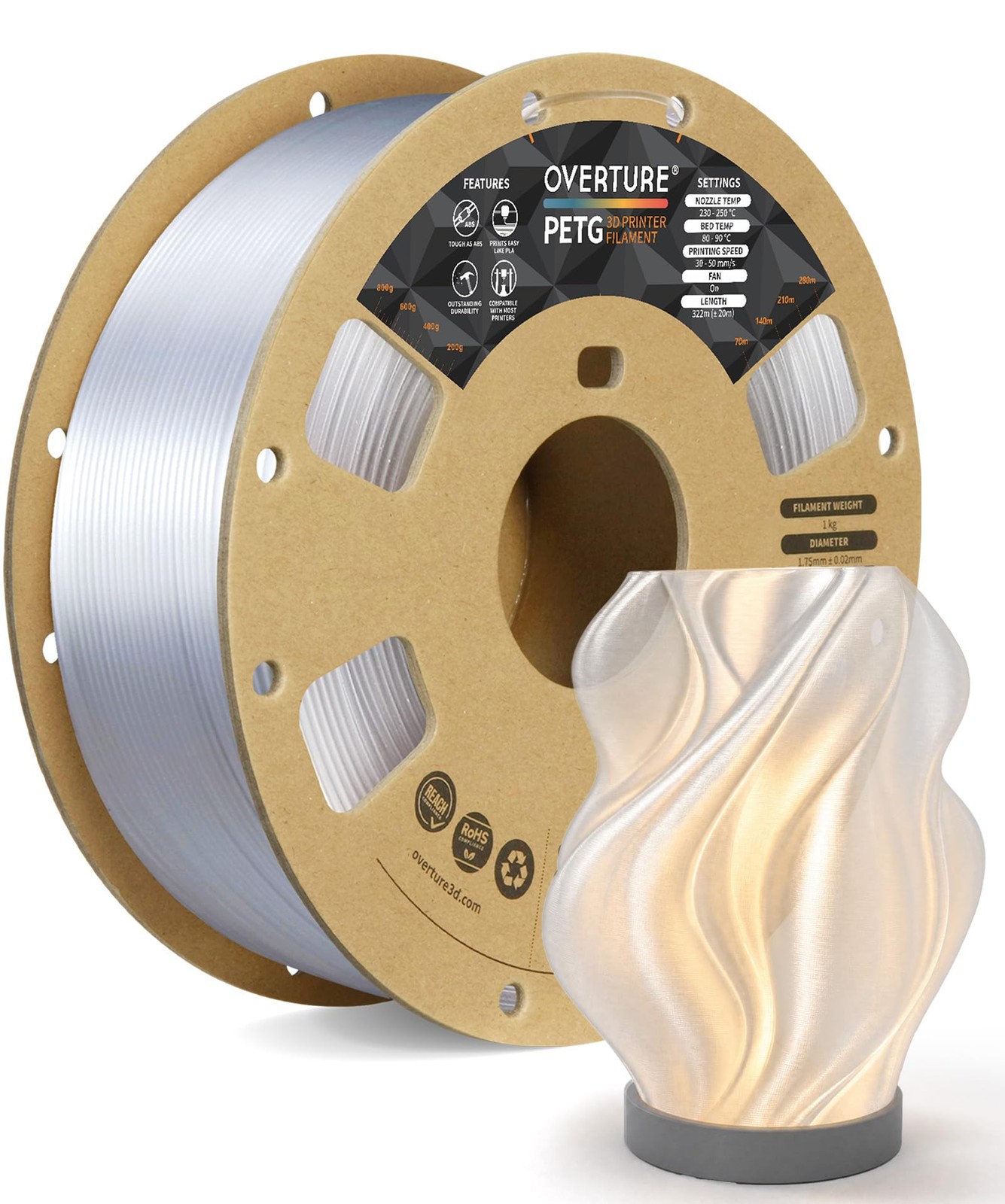 OVERTURE High Speed PETG Filament 1.75mm, 1kg Transparent