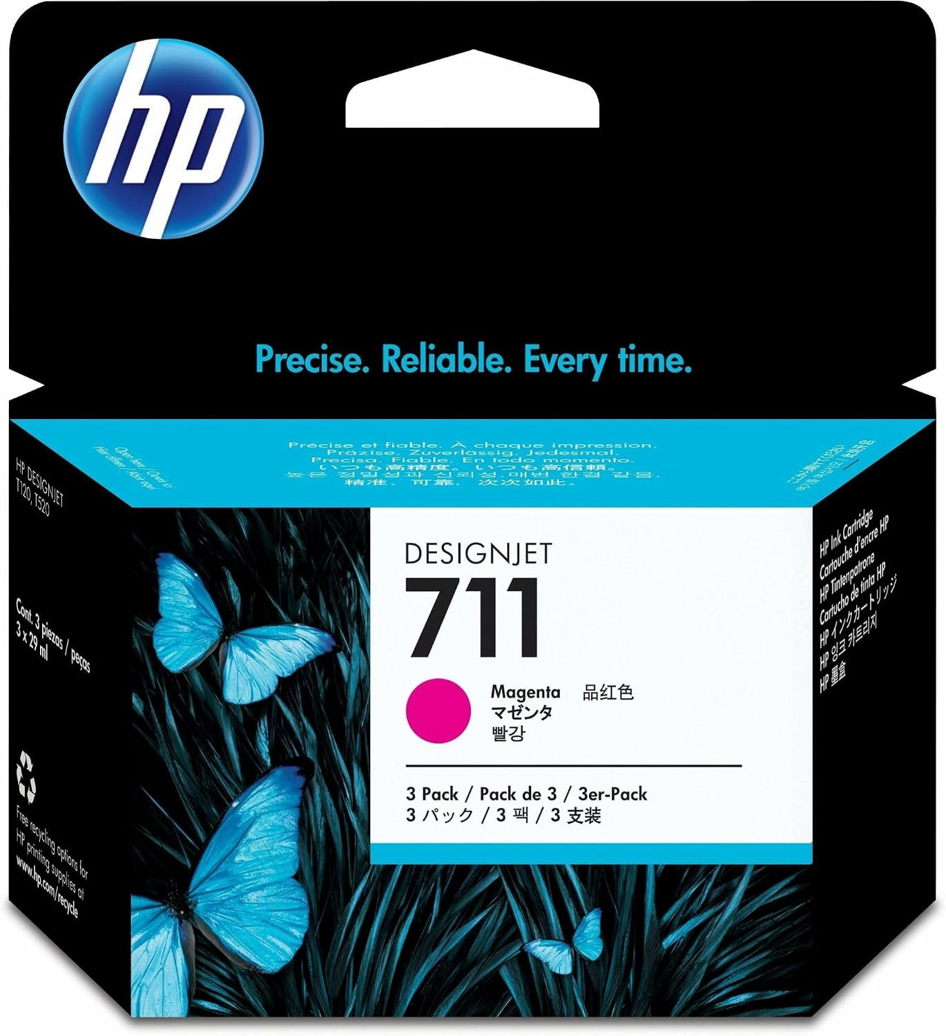 HP 711 Magenta 29-Ml 3-Pack Genuine Ink Cartridges (CZ135A) for Designjet T530,