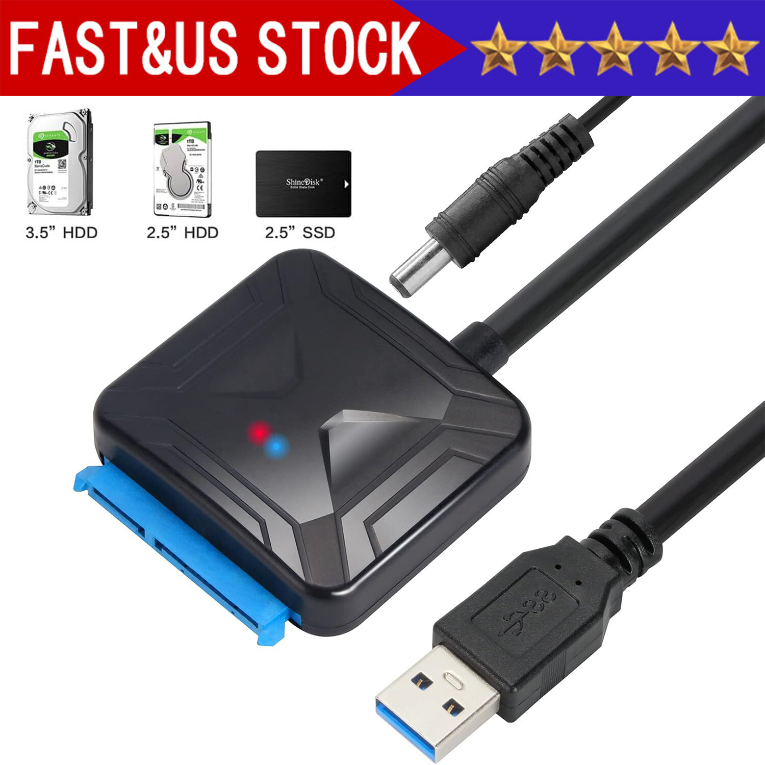USB 3.0 to SATA External Hard Drive Reader 2.5" 3.5" HDD SSD Power adapter cable