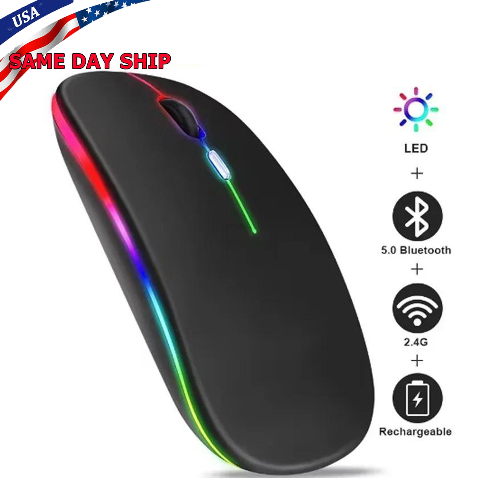 Dual Mode Bluetooth 5.0 + 2.4G Wireless Mouse RGB Rechargeable For Laptop PC Mac