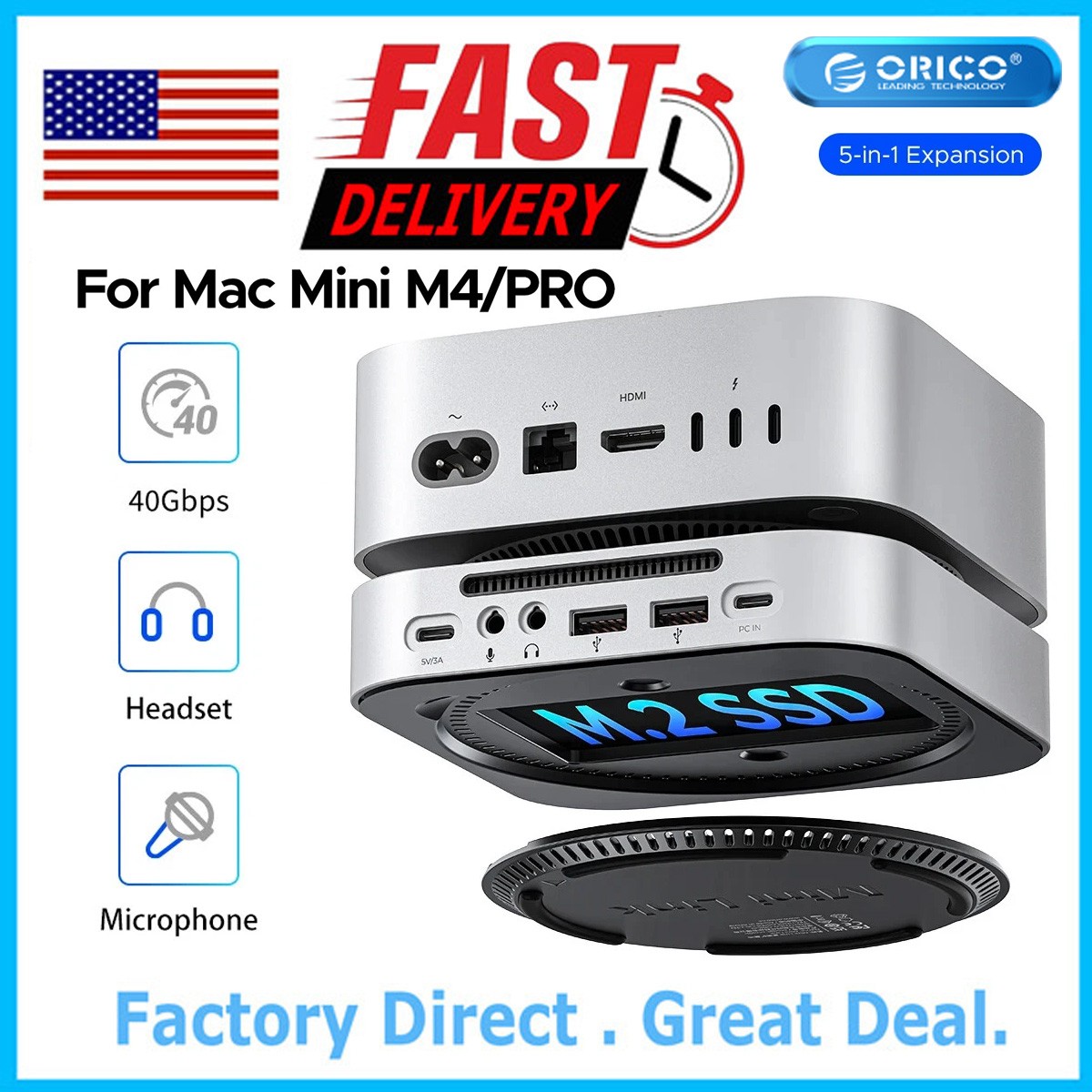 ORICO MiniLink 40Gbps USB HUB Aluminum Docking Station for Mac Mini M4 M4 Pro