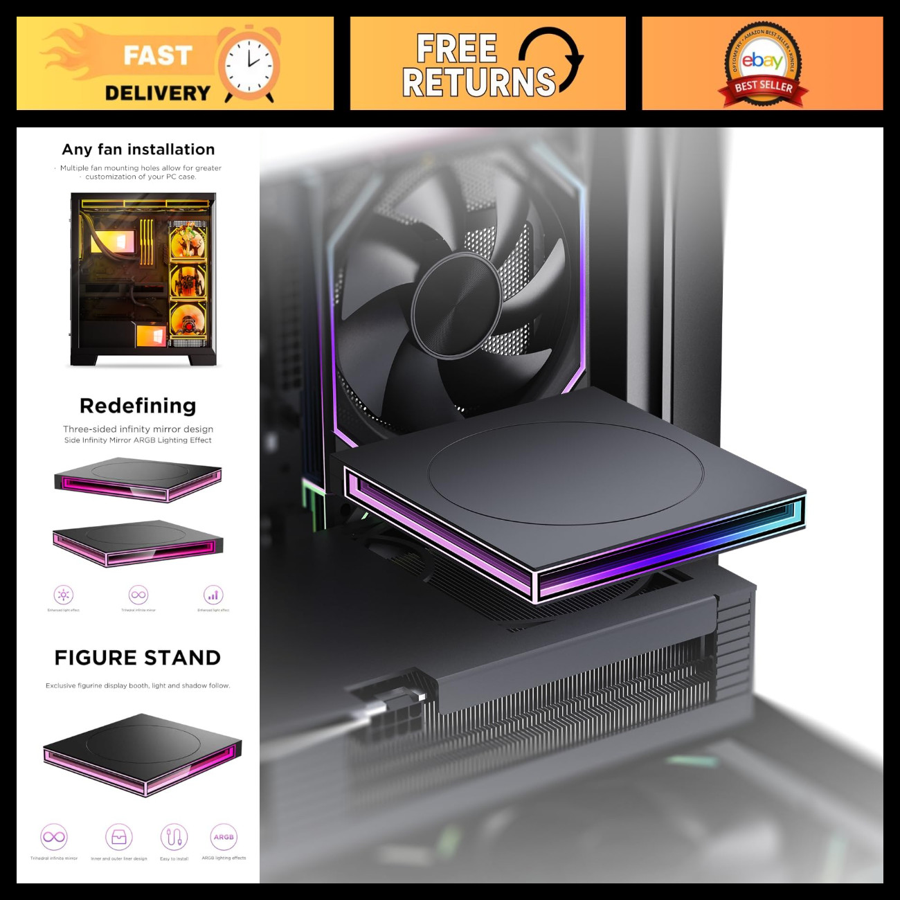 ARGB PC Case Shelf - Infinity Mirror Design, Square Figurine Stand, 120mm Fan Ac