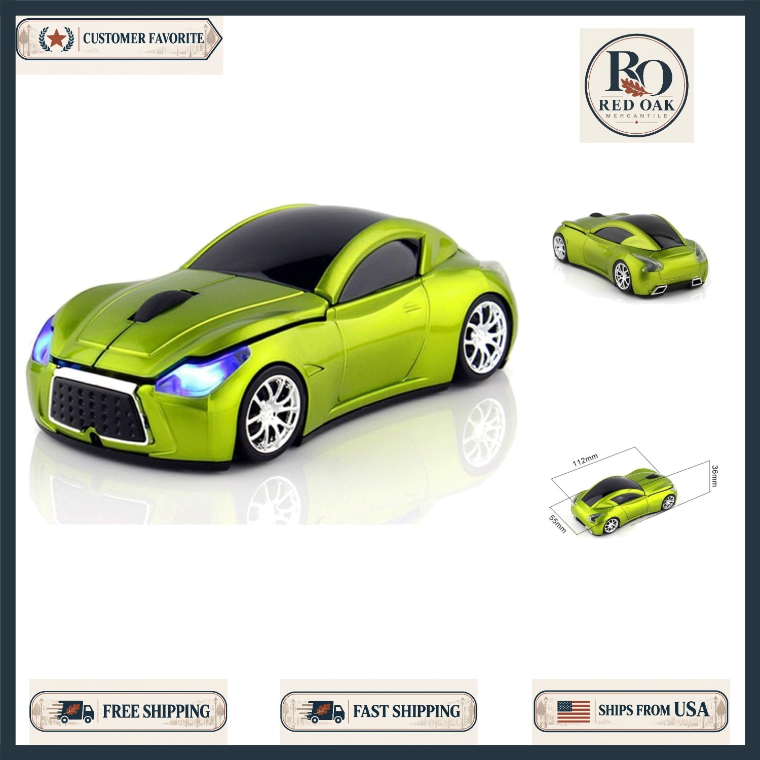 Compact and Stylish Wireless Gaming Mouse with LED and Car Theme in Green