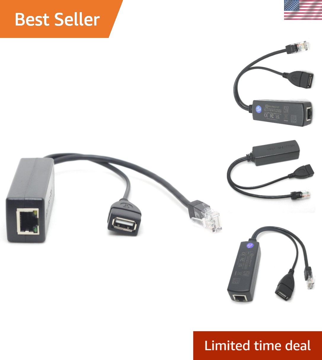 Compact 48V to 5V Active PoE Splitter 2.4A USB Type A for Mobile Devices