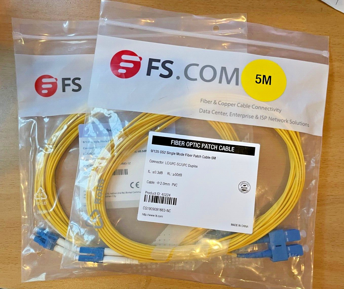 2 PACK LOT 5M LC-SC Duplex 9/125 Single Mode Fiber Optic Patch Cable Yellow FS
