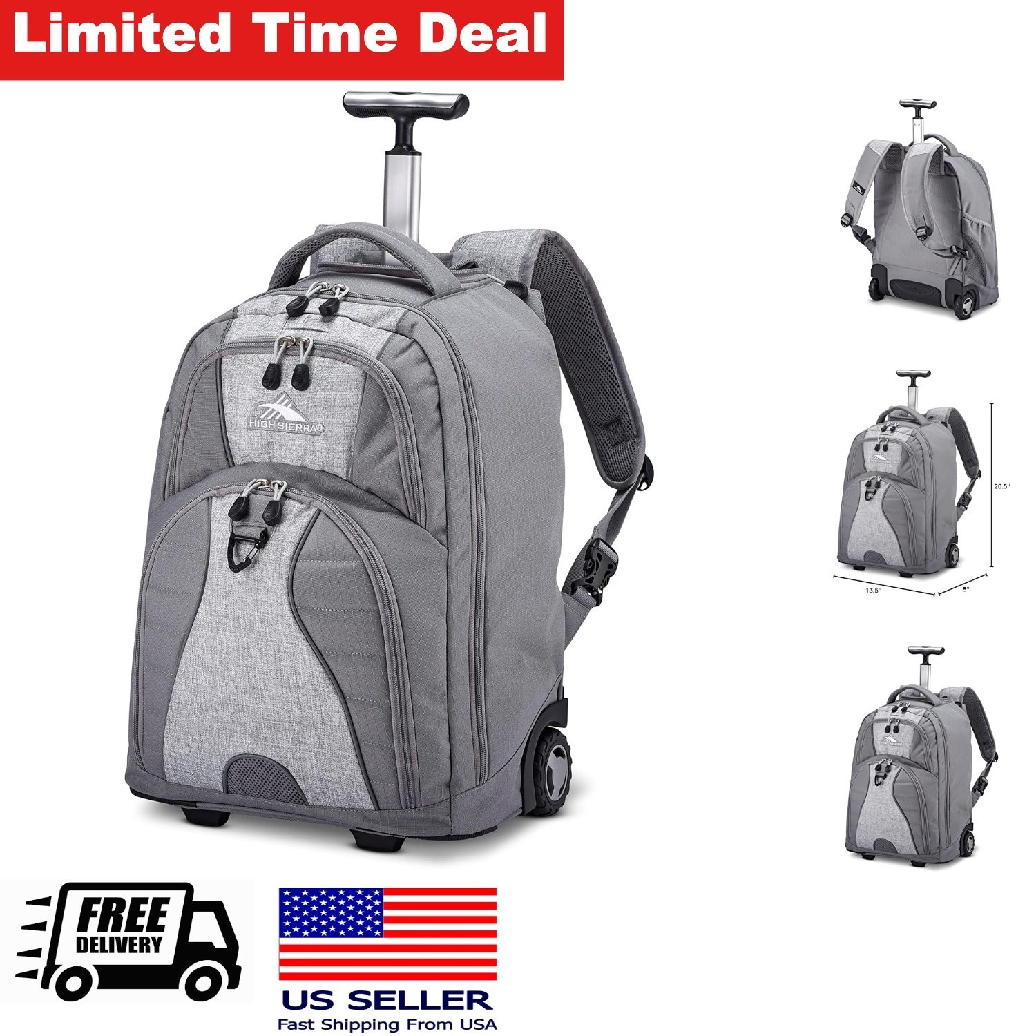 Wheeled Laptop Backpack Large Multi Compartment Fits 39 cm Laptop Silver Heather