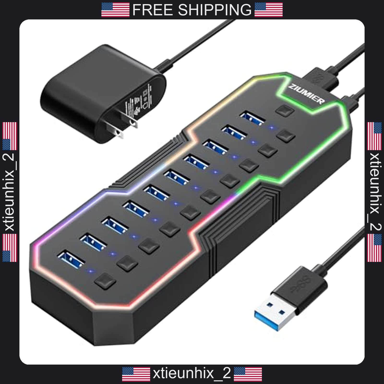USB Hub 10 Ports RGB LED Strip Powered 3.0 with Individual Switches