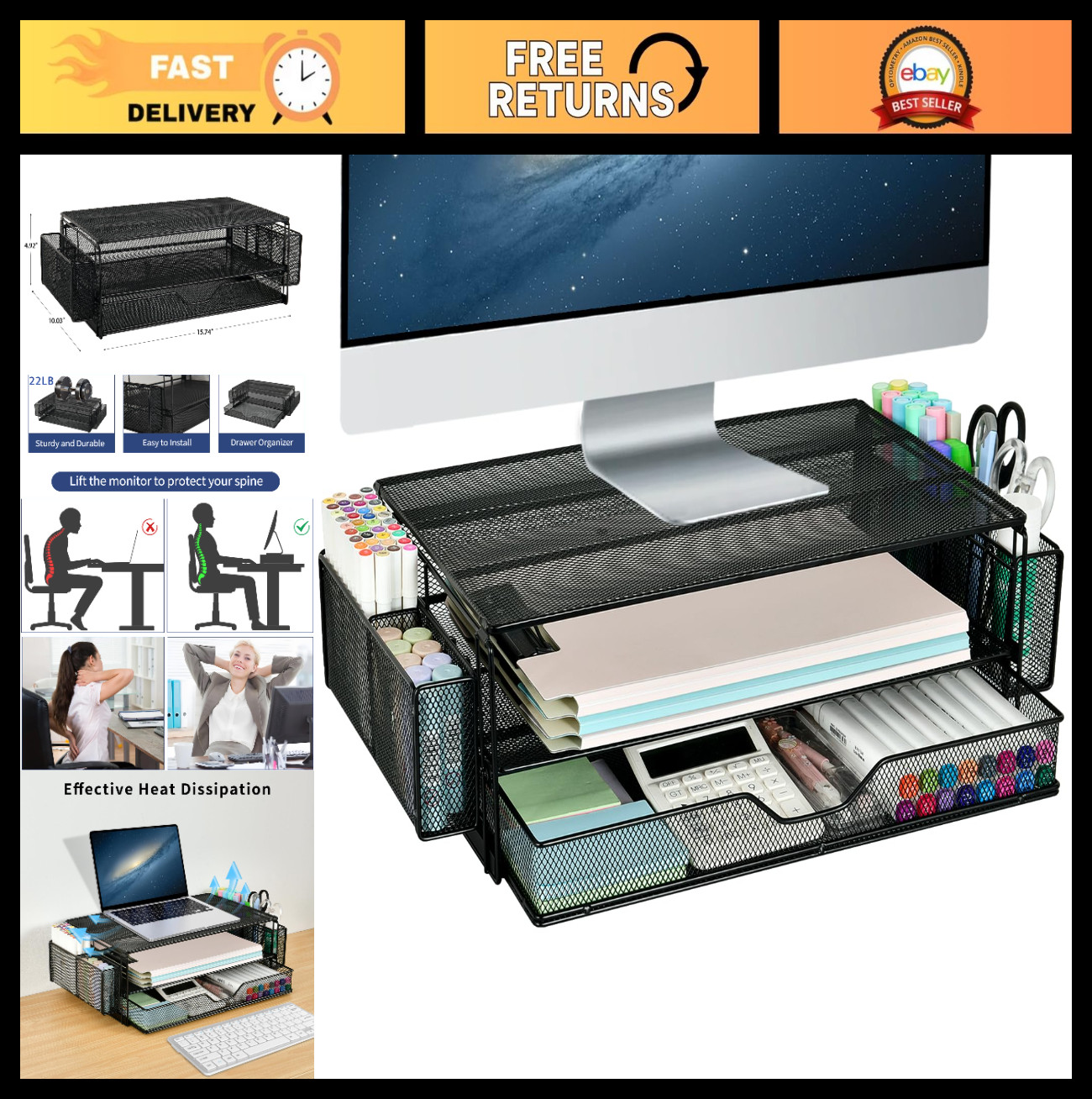 2-Tier Metal Monitor Stand with Drawer & Pencil Holders - Desk Organizer for Lap