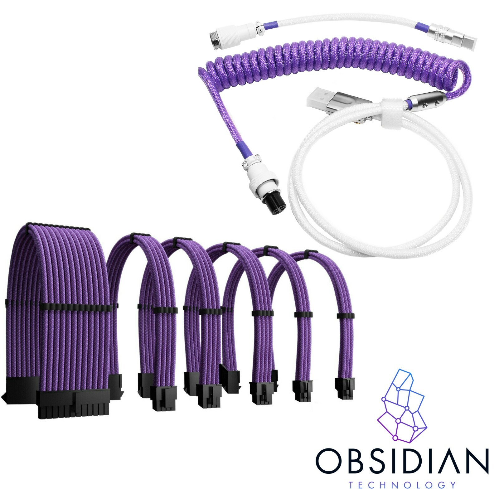 Purple Metal Keyboard Coiled Cable & PSU Extension Kit Braided Gaming PC Custom