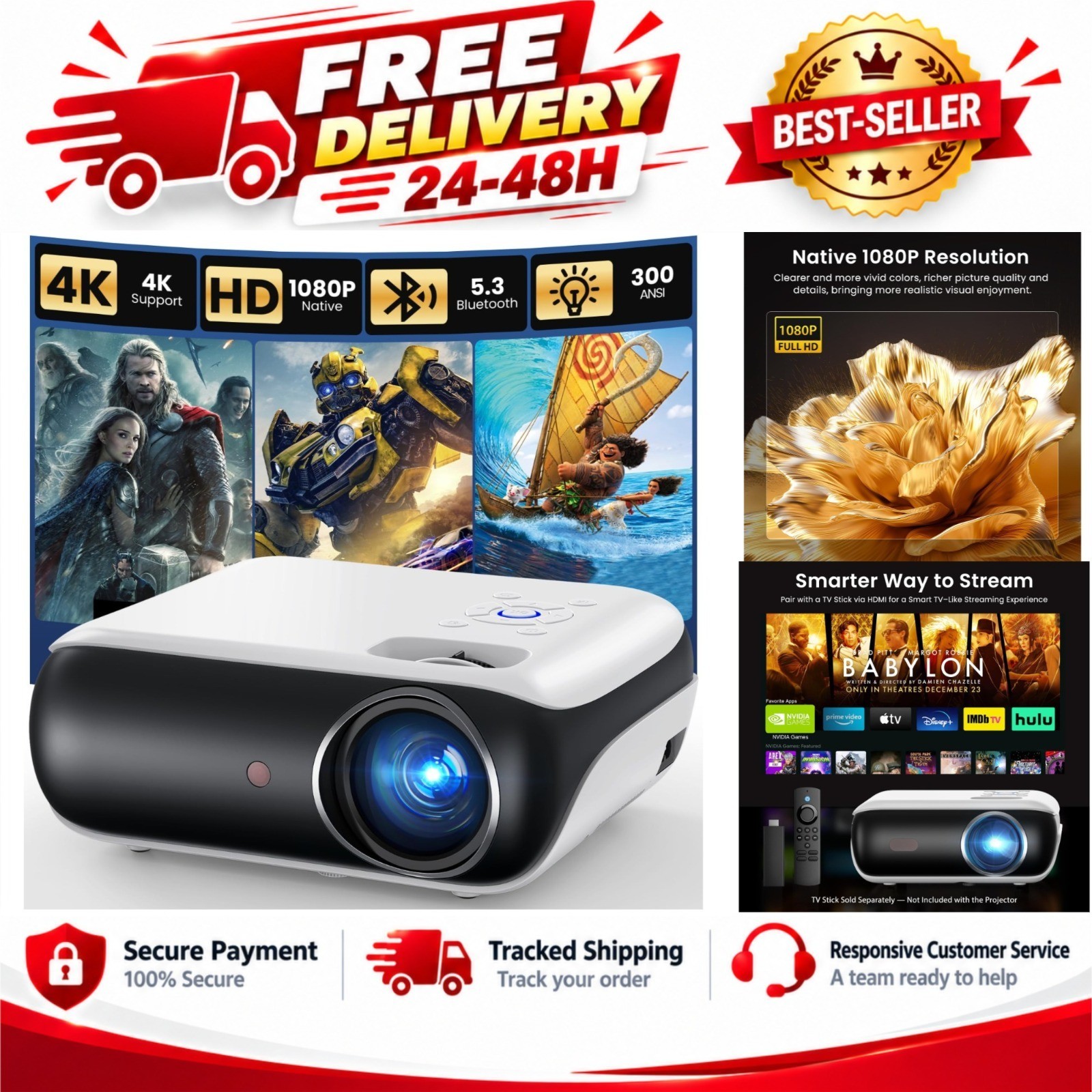 HAPPRUN Native 1080P Bluetooth Projector H1 Portable Home Cinema 300 ANSI