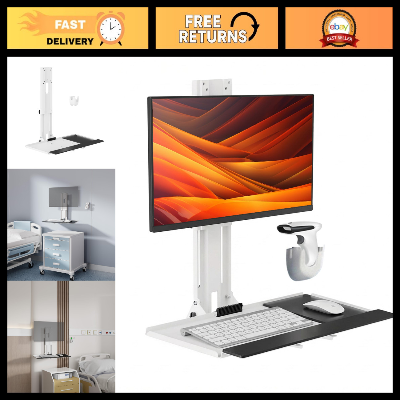 Adjustable Medical Monitor & Keyboard Wall Mount for 17"-32" Displays, Scanner H