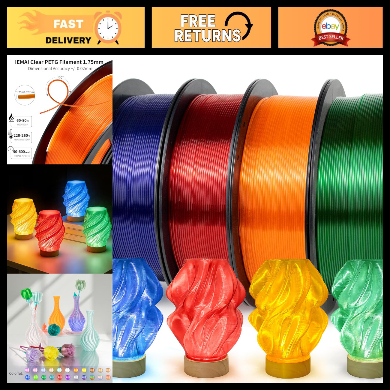 Transparent PETG Filament 1.75mm - 4kg Bundle for 3D Printing, High Strength & C