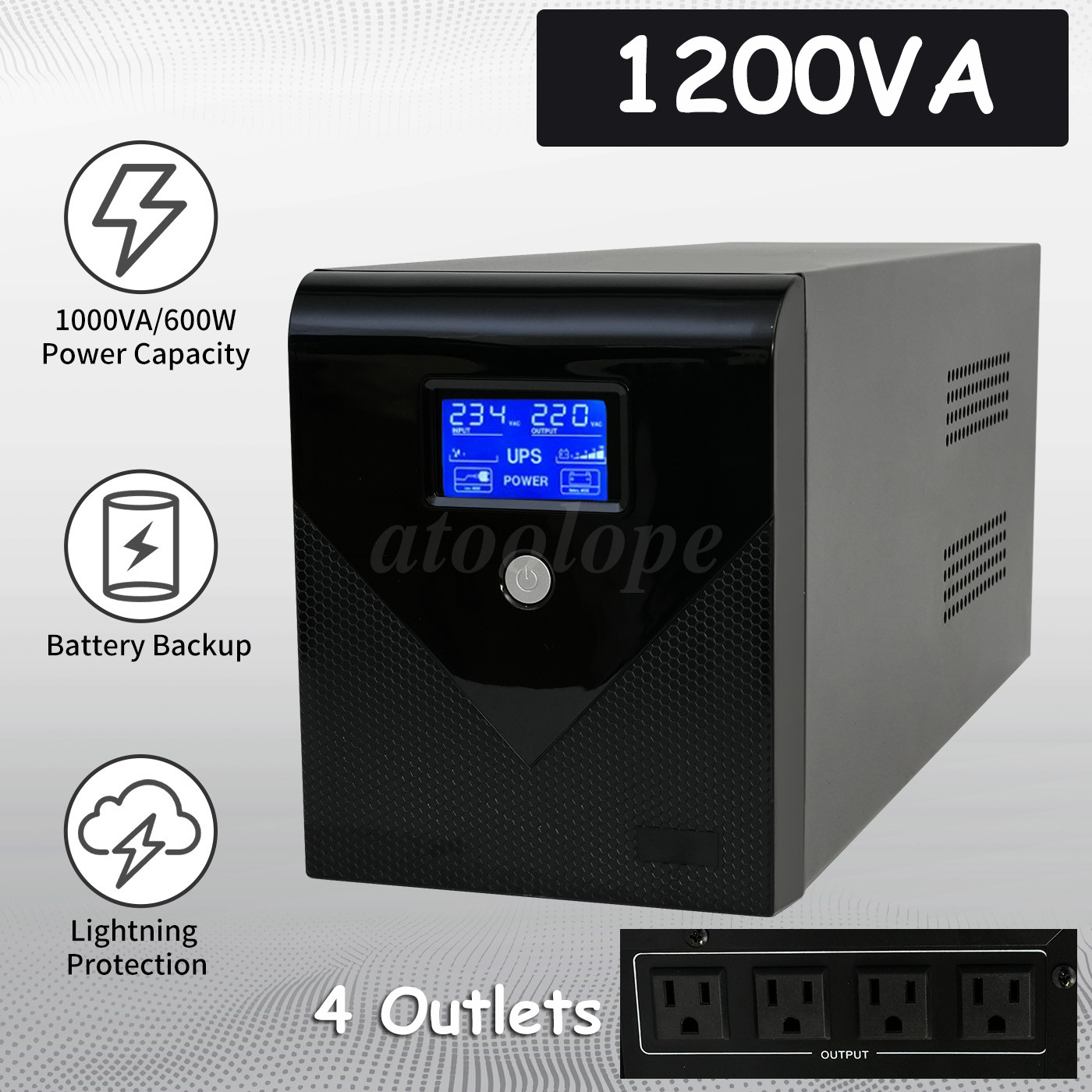 1200VA 720W Backup UPS Uninterruptible Power Supply 4 Outlet LCD Display Battery
