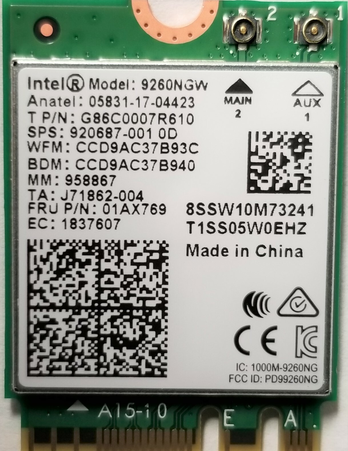 Intel 9260NGW IEEE 802.11ac Bluetooth 5.0 Wi-Fi/Bluetooth Adapter Wireless-AC 