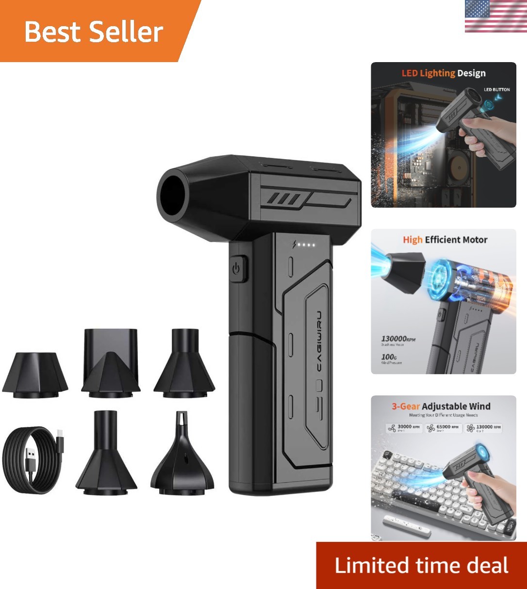Versatile Cordless Air Duster - Super Power Cleaning Tool with 5-
