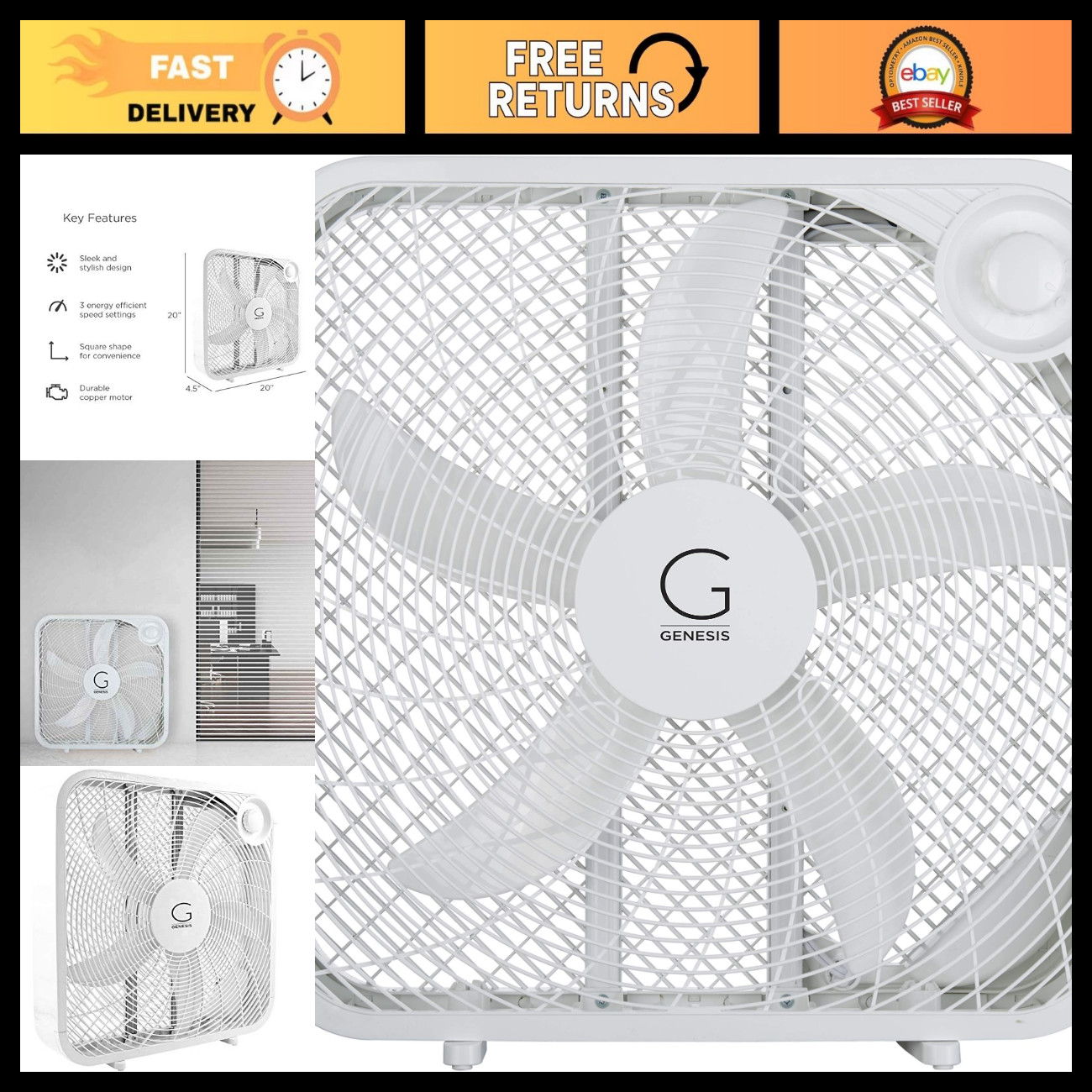 20" Box Fan with 3 Speed Settings, Max Cooling, Portable Carry Handle, White