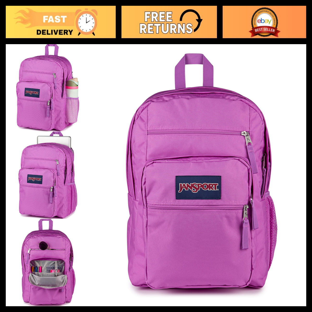 34L Big Backpack with 15" Laptop Sleeve, Stylish Digital Fuchsia, School & Trave