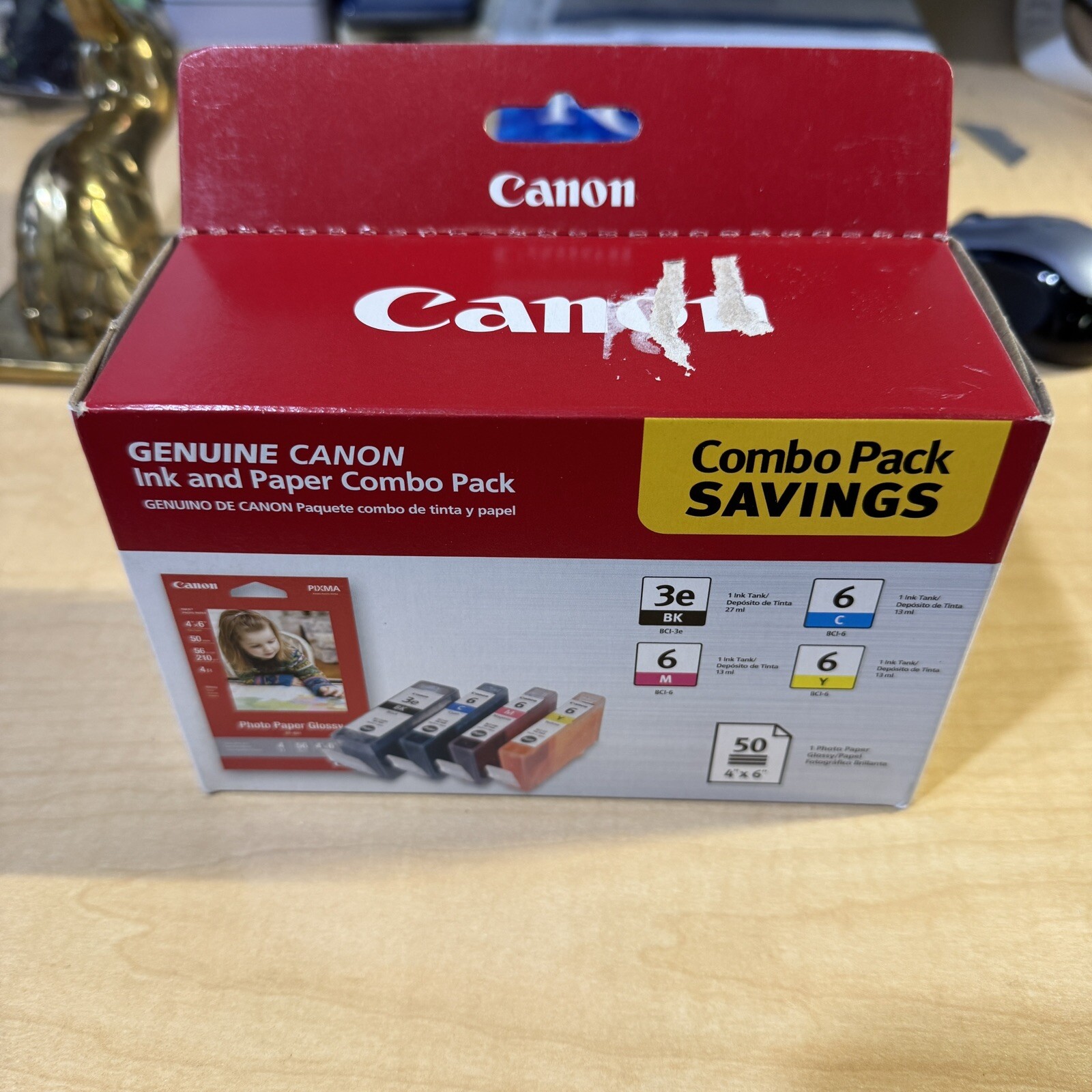 Canon Genuine Ink and Paper Combo pack BGI-3e Black BCI-6 CYM Ink Cartridges