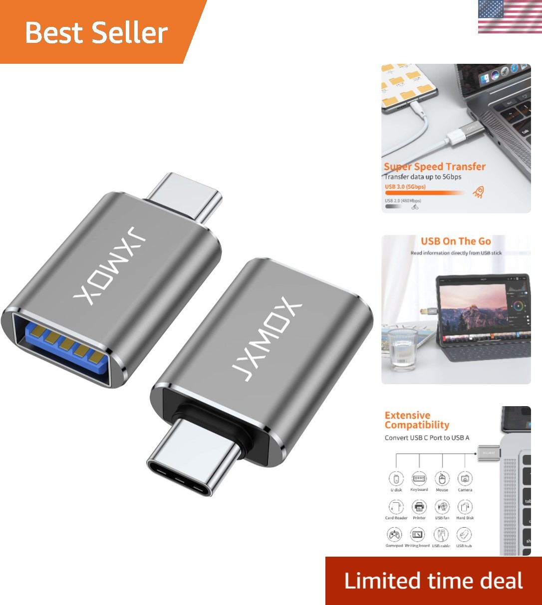 Thunderbolt 3 to USB 3.0 Adapter [2-Pack] - Reversible Design for Effortless Use