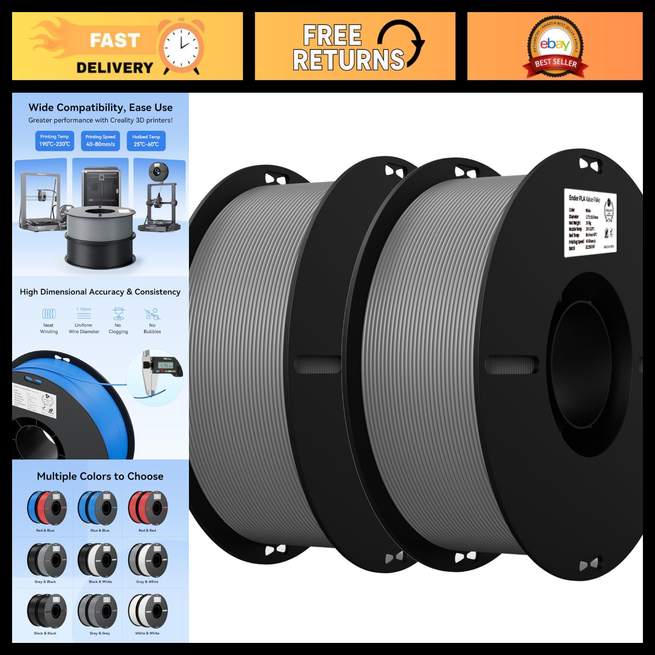 High-Quality Grey PLA 3D Printer Filament 2-Pack, 2KG Total, Durable & Easy to U