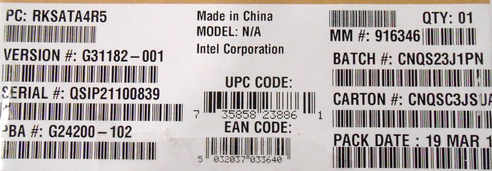Intel RAID RKSATA4R5 C600 Upgrade Key New Bulk Packaging