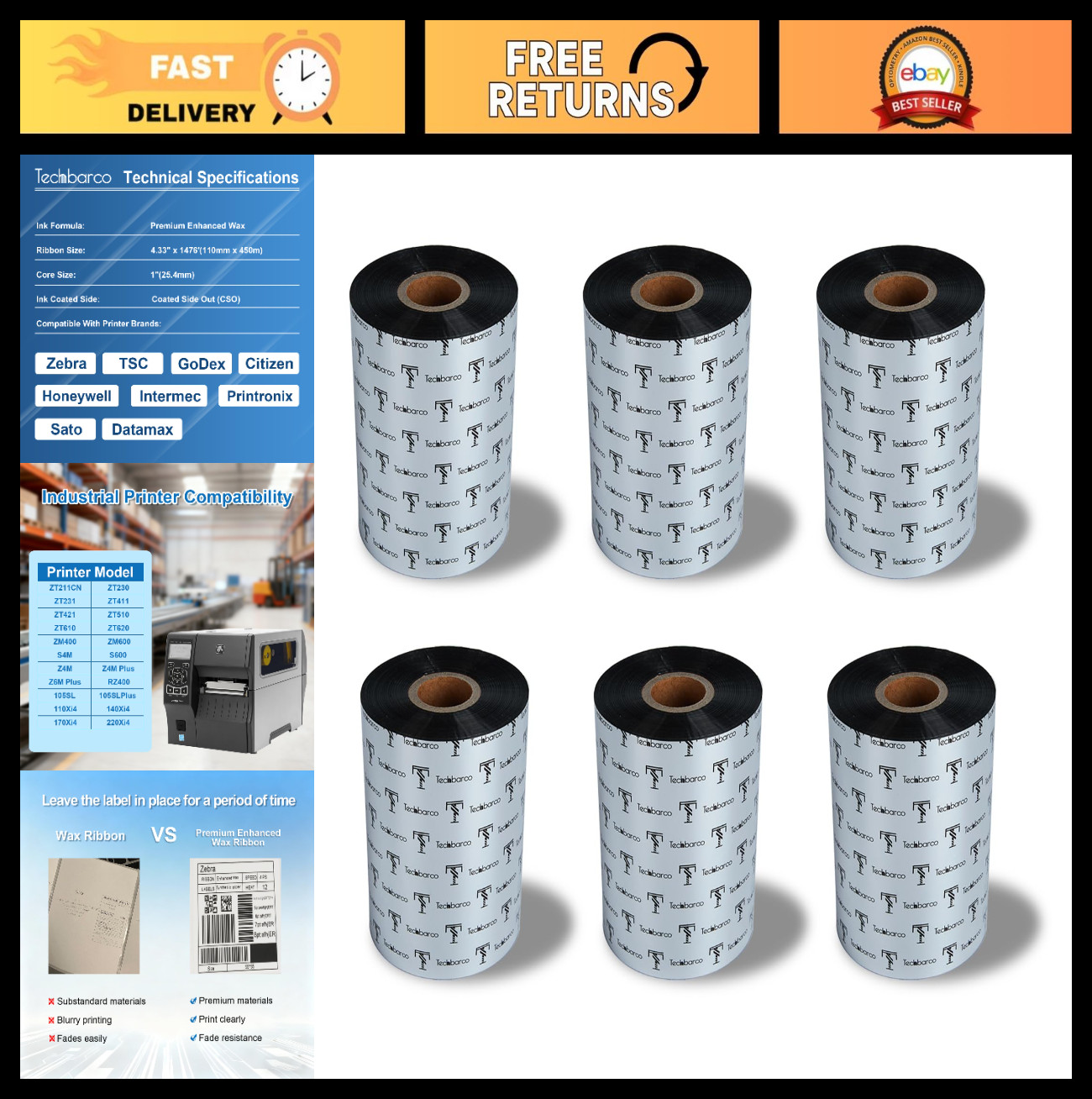 6 Rolls Premium Wax Thermal Transfer Ribbon 4.33" x 1476' for Barcode Printers