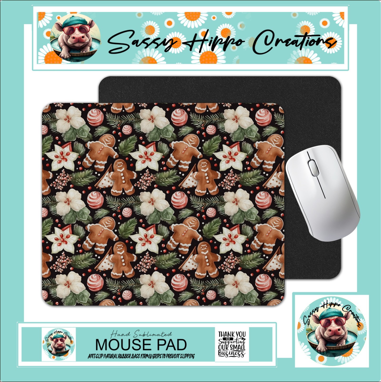Mouse Pad Christmas Gingerbread Man Flowers Holiday Anti Slip Back Easy Clean