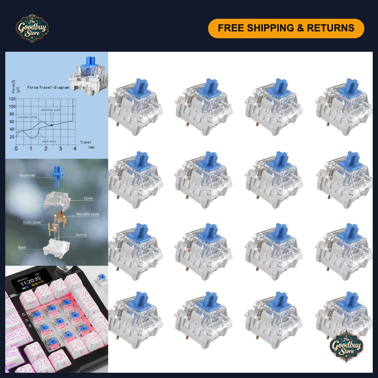 108Pcs Clickers for 3D Prints - Blue Clicky Keyboard Switches, Mechanical Gaming
