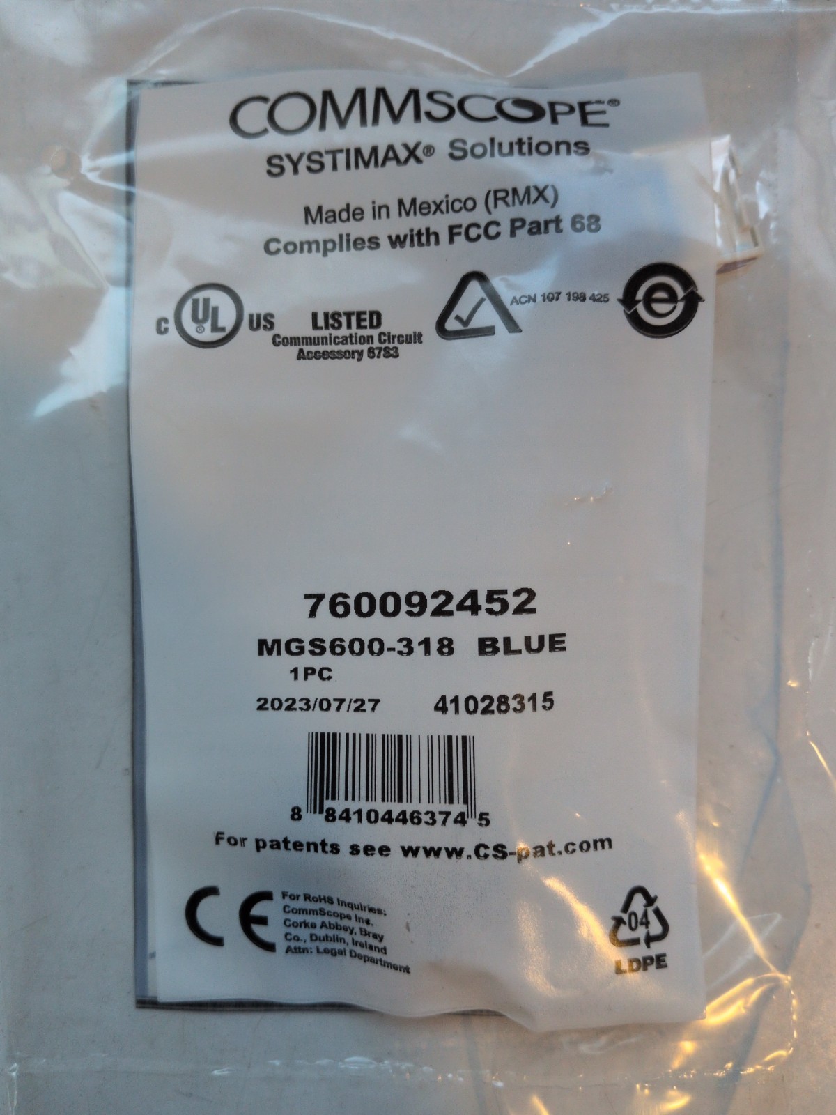 CommScope - Systimax - Lucent - 760092452 - MGS600-318 - Cat6a - Jack - Blue