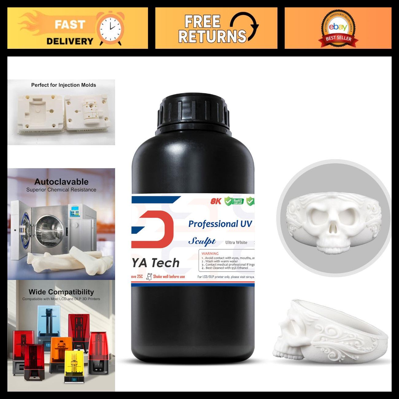 High-Temp Resistant 3D Printer Resin, Ultra White, 1kg for Precision Printing