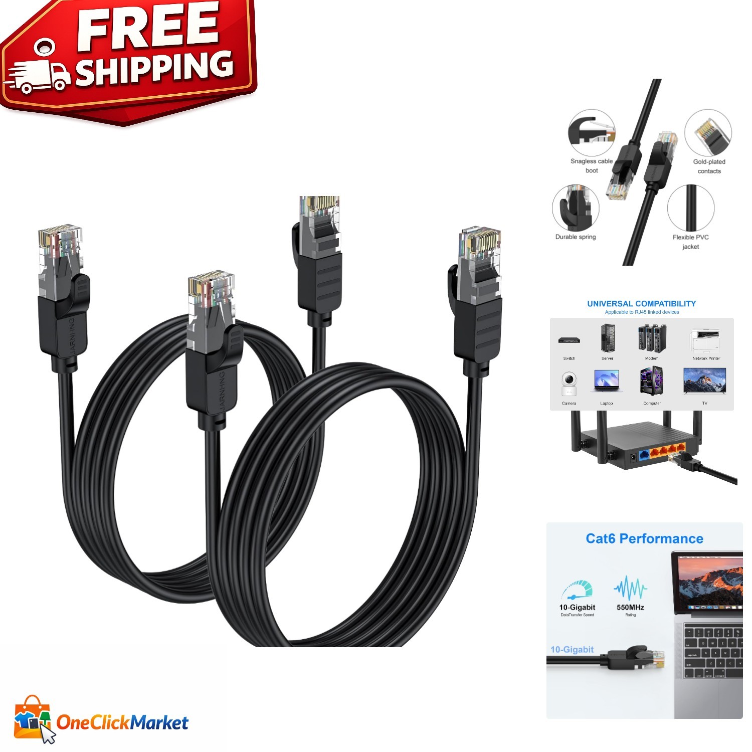 Versatile 2-Pack 1.5 ft Cat 6 Ethernet Cable - 10Gbps Connection for All Devices