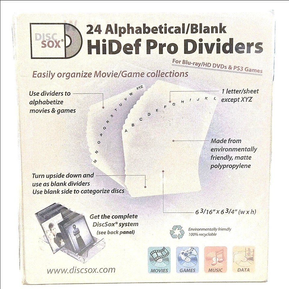 DISCSOX HiDef Pro Dividers 24 Alphabetical/ Blank Movies Games Music Data & More