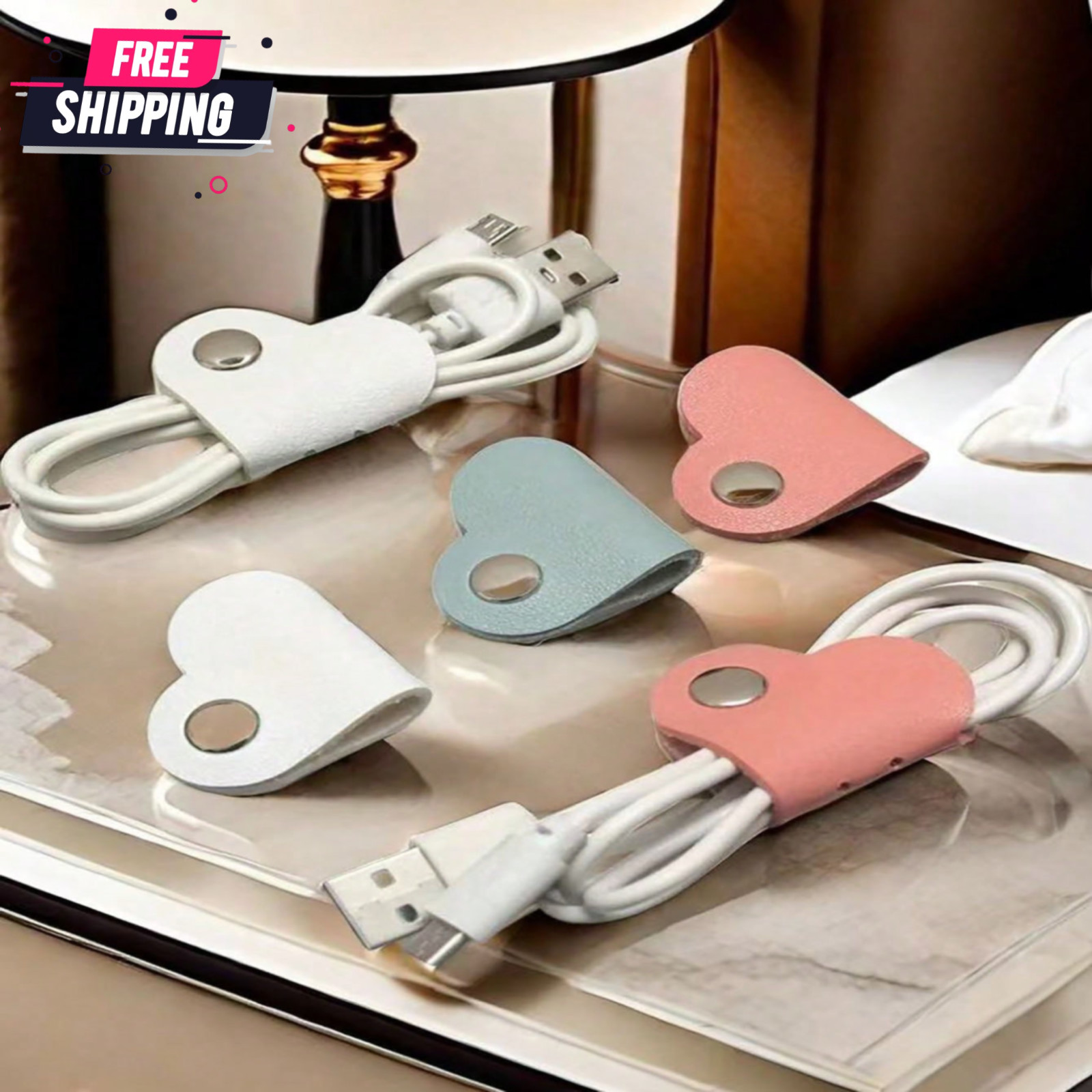Cable Organizer 3pc Heart PU Leather Cord Keeper Travel Charging Cable Tie Strap