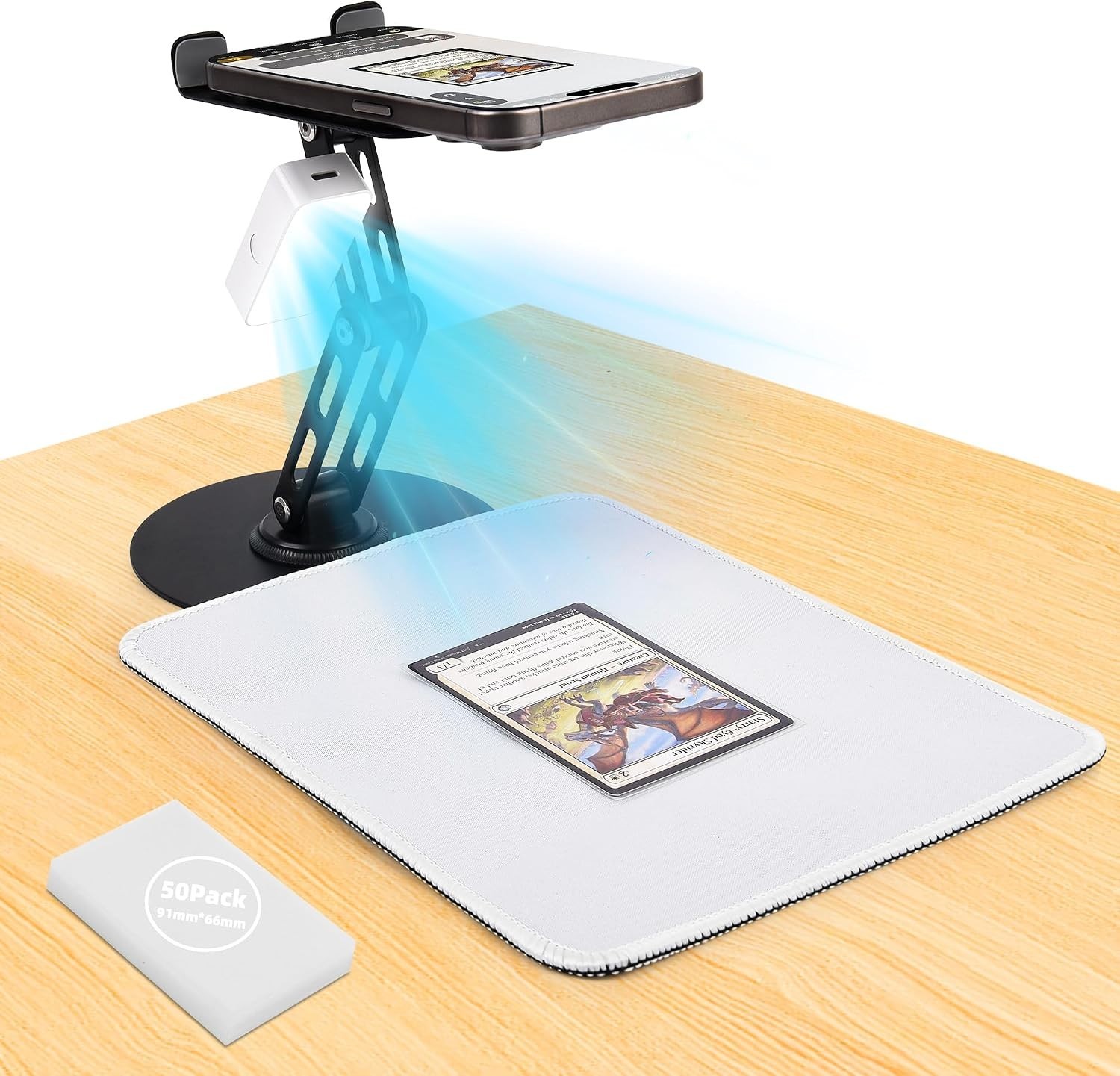 Trading Card Scanner Stand with Magnetic LED Light & Foldable Phone Holder - Qui