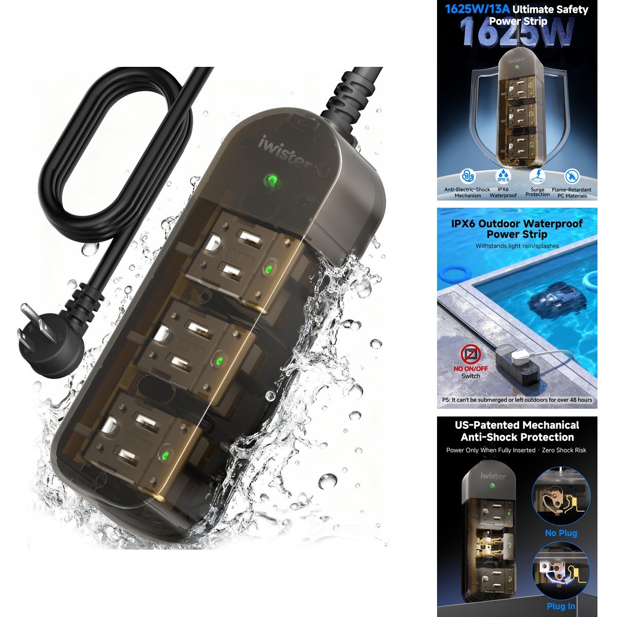 Iwister Outdoor Power Strip Weatherproof, 3 AC Outlets, 5FT Extension Cord
