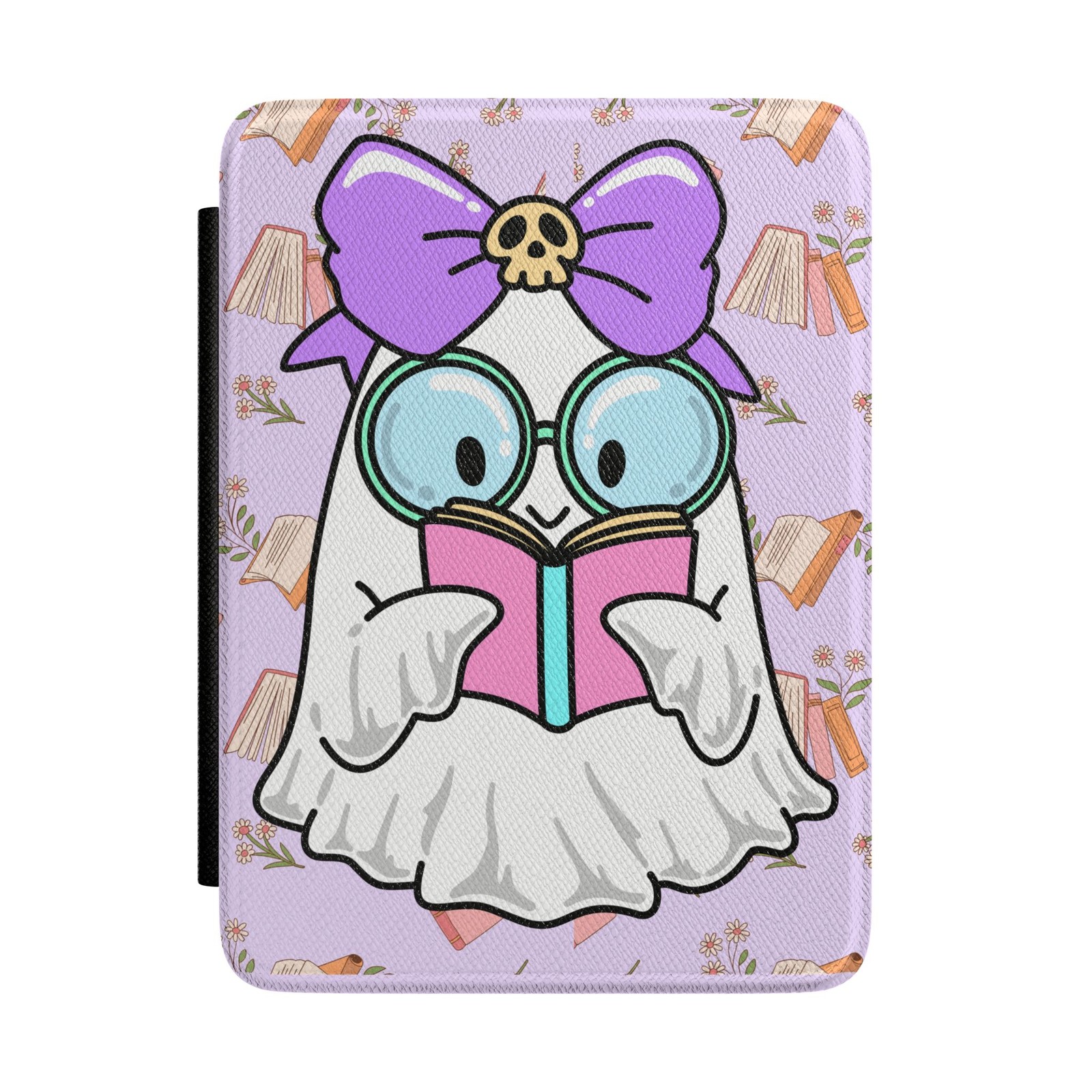 Cute Ghost Reader Kindle Case — Purple Bow Ghost with Glasses & Book
