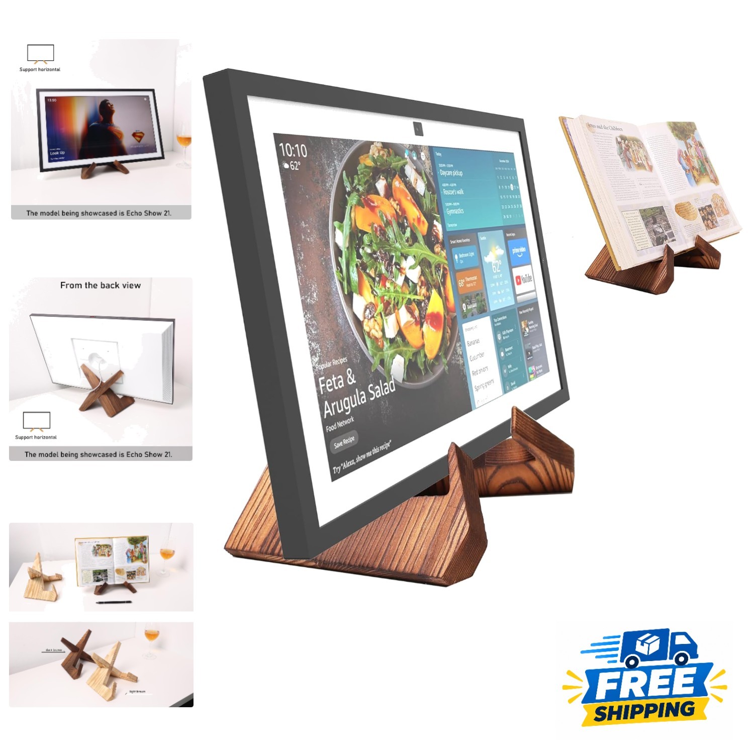 Multi-Functional Wooden Cookbook Holder & Tablet Stand for Kitchen - Dark Brown