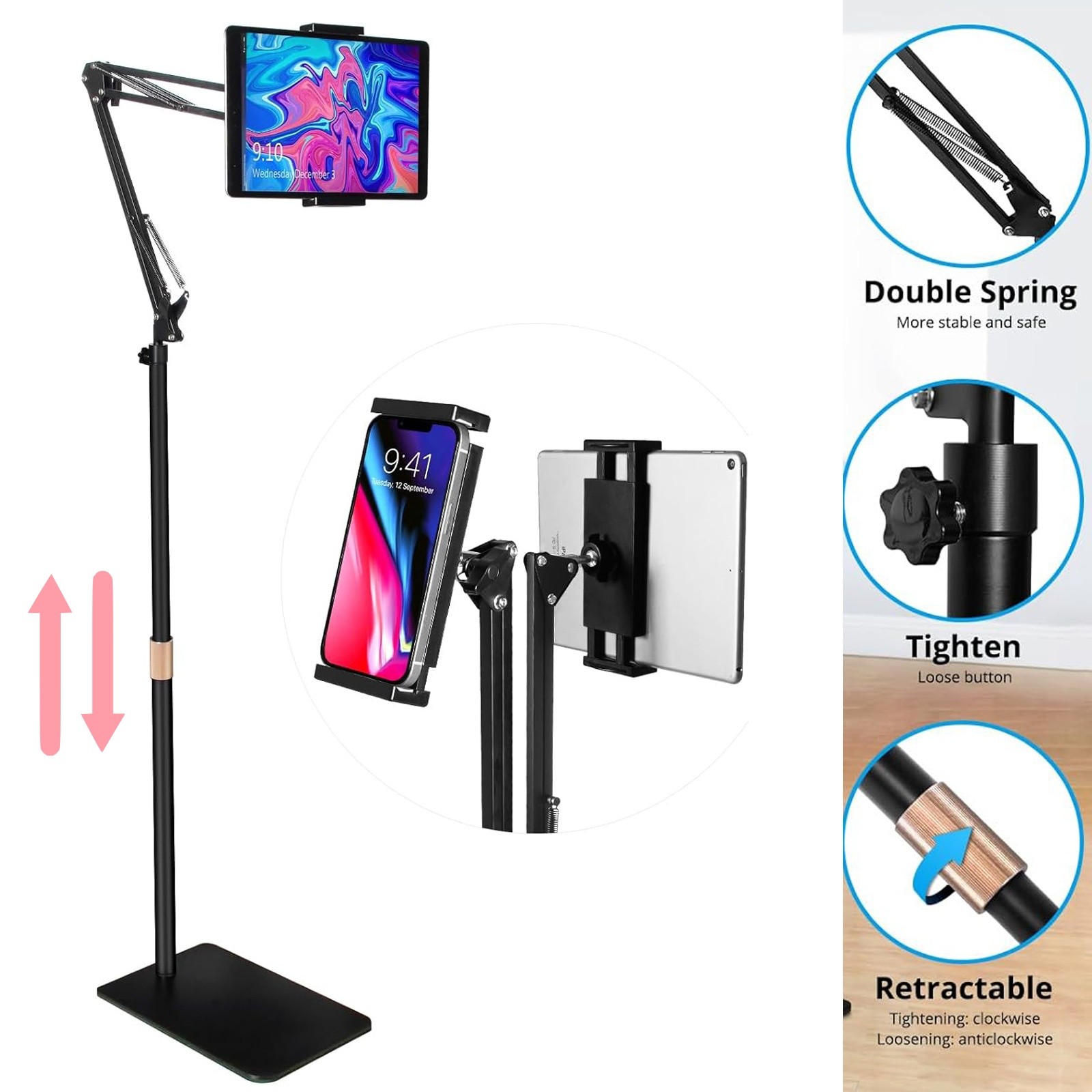 Tablet Floor Stand Overhead Bed Phone Mount Height Adjustable Arm Stretchable