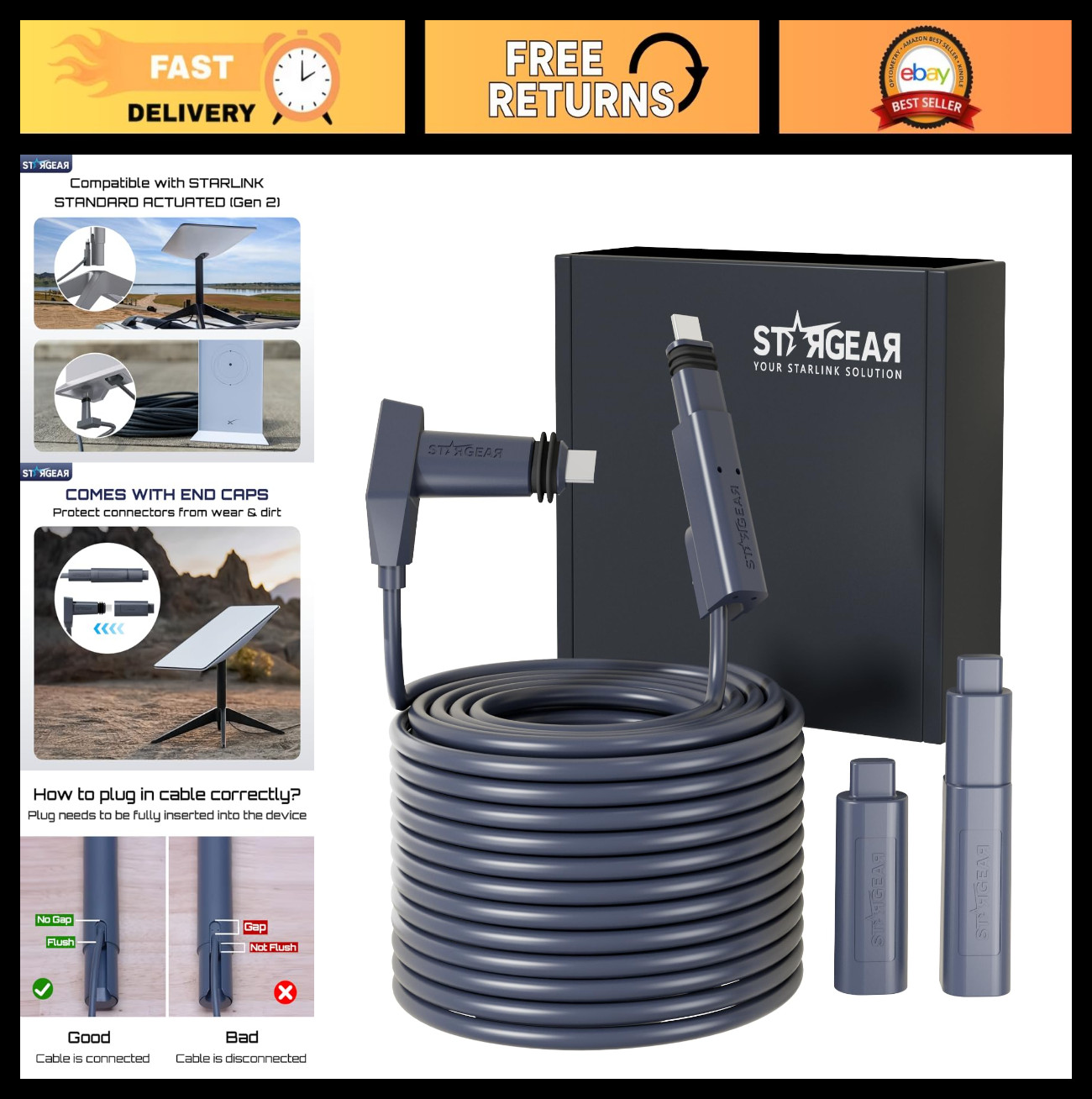 75FT Starlink Replacement Cable for Gen 2 Satellite Dish, Waterproof Gray, Recta