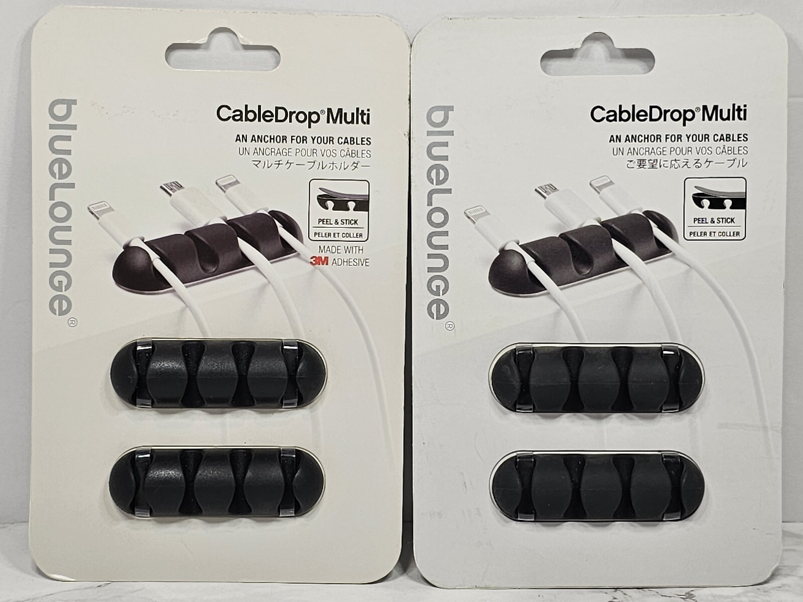 2 BLUELOUNGE CABLEDROP MULTI CELL PHONE USB CABLE ANCHOR PEEL STICK PACK OF 2